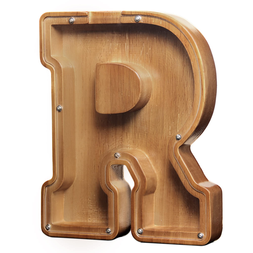 AORCMITN large wooden letter coin bank front view in pine with transparent window for easy savings tracking.