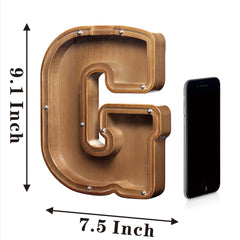 AORCMITN large wooden letter coin bank side view highlights sturdy pine construction.