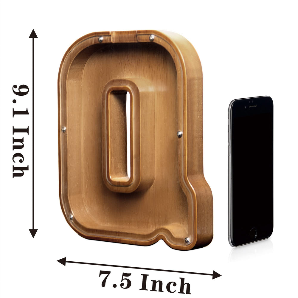 AORCMITN large wooden letter piggy bank side view highlights sturdy construction and compact size