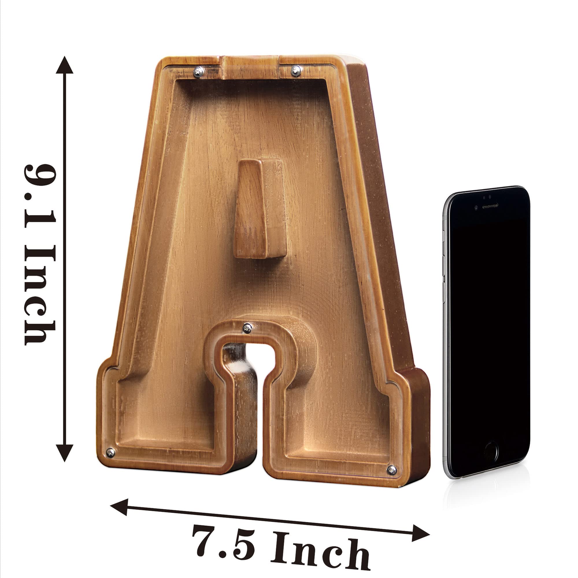 AORCMITN wooden alphabet bank on a desk setup, perfect for young savers