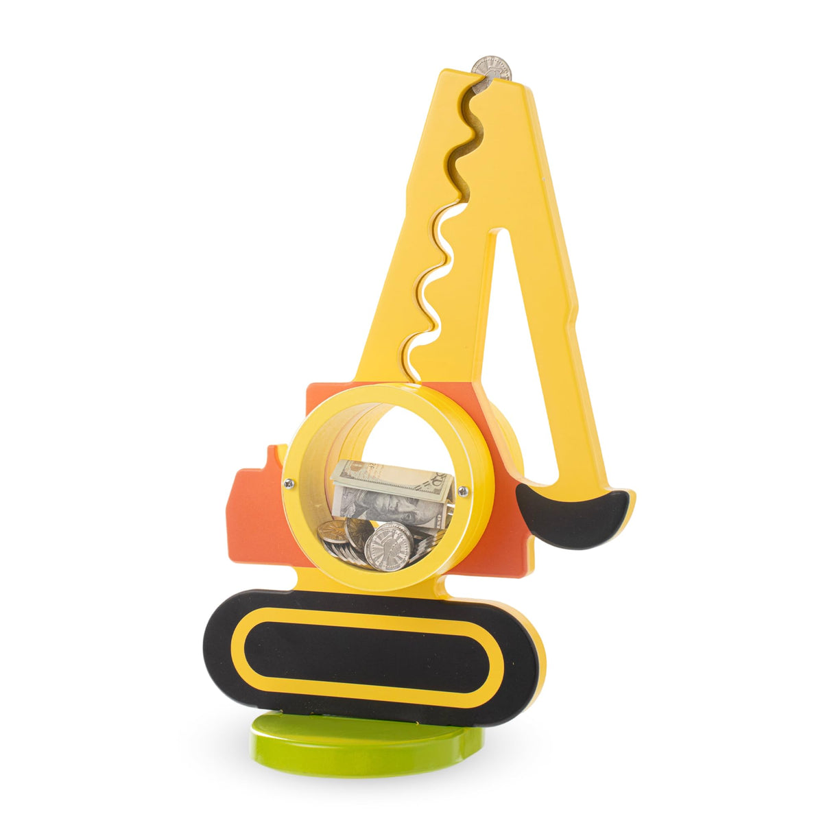 AORCMITN wooden excavator piggy bank side view encourages ongoing saving play