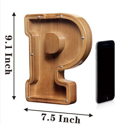AORCMITN wooden letter bank side view highlighting handmade pine craftsmanship