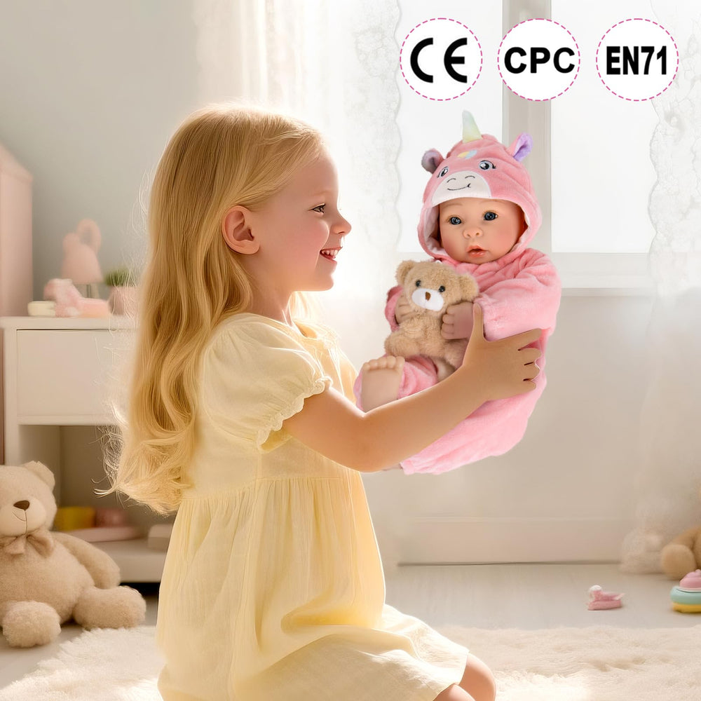 Aori soft vinyl head and cotton body balance realism with cuddly softness.
