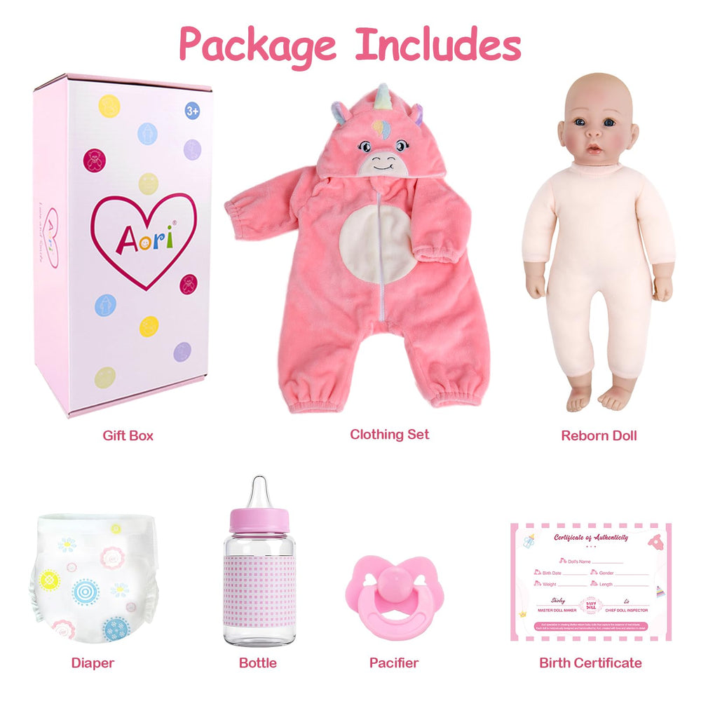 Aori ready-to-gift premium set includes doll, outfit, birth certificate, and accessories.