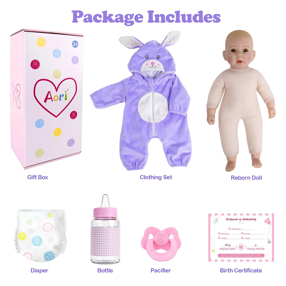 Aori ready-to-gift premium set includes doll, outfit, birth certificate, bottle, pacifier, diaper