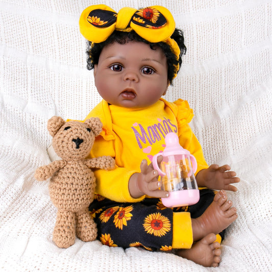 Aori Reborn 22-inch black baby doll full body pose for lifelike play.