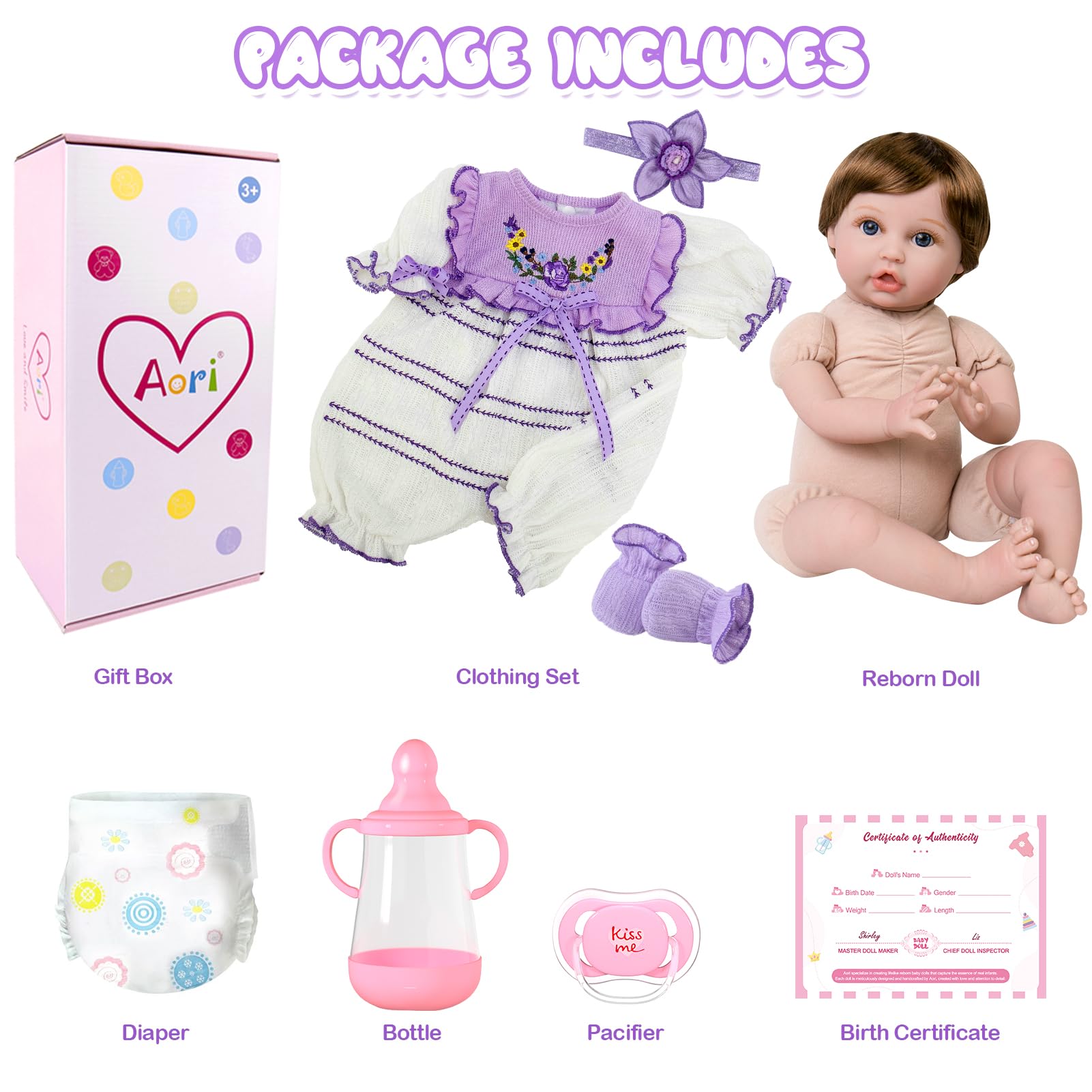 Aori Reborn 22-inch feeding set with bottle and pacifier supports nurturing play