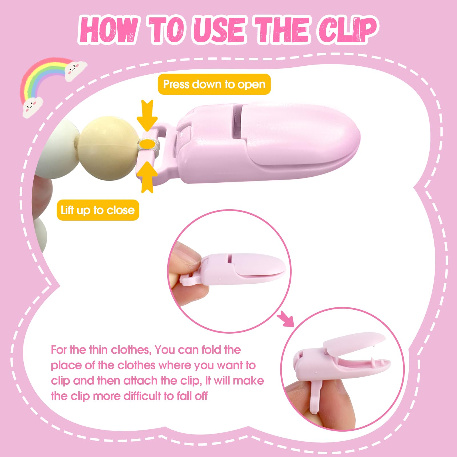 Soft bendable pacifier clip in pink designed for pretend play