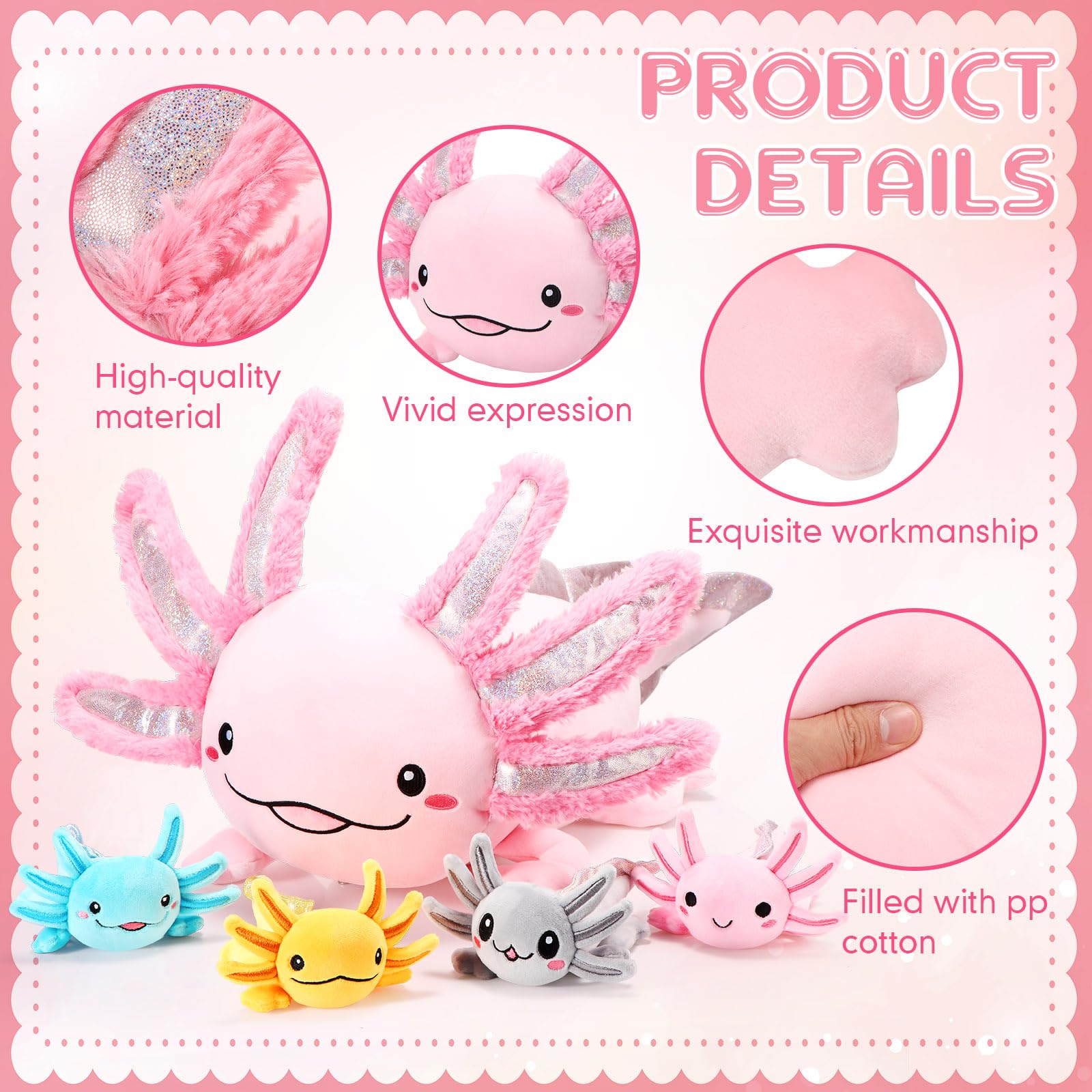 Aoriher axolotl baby plush six inch in four colors for portable hugs and imaginative play.