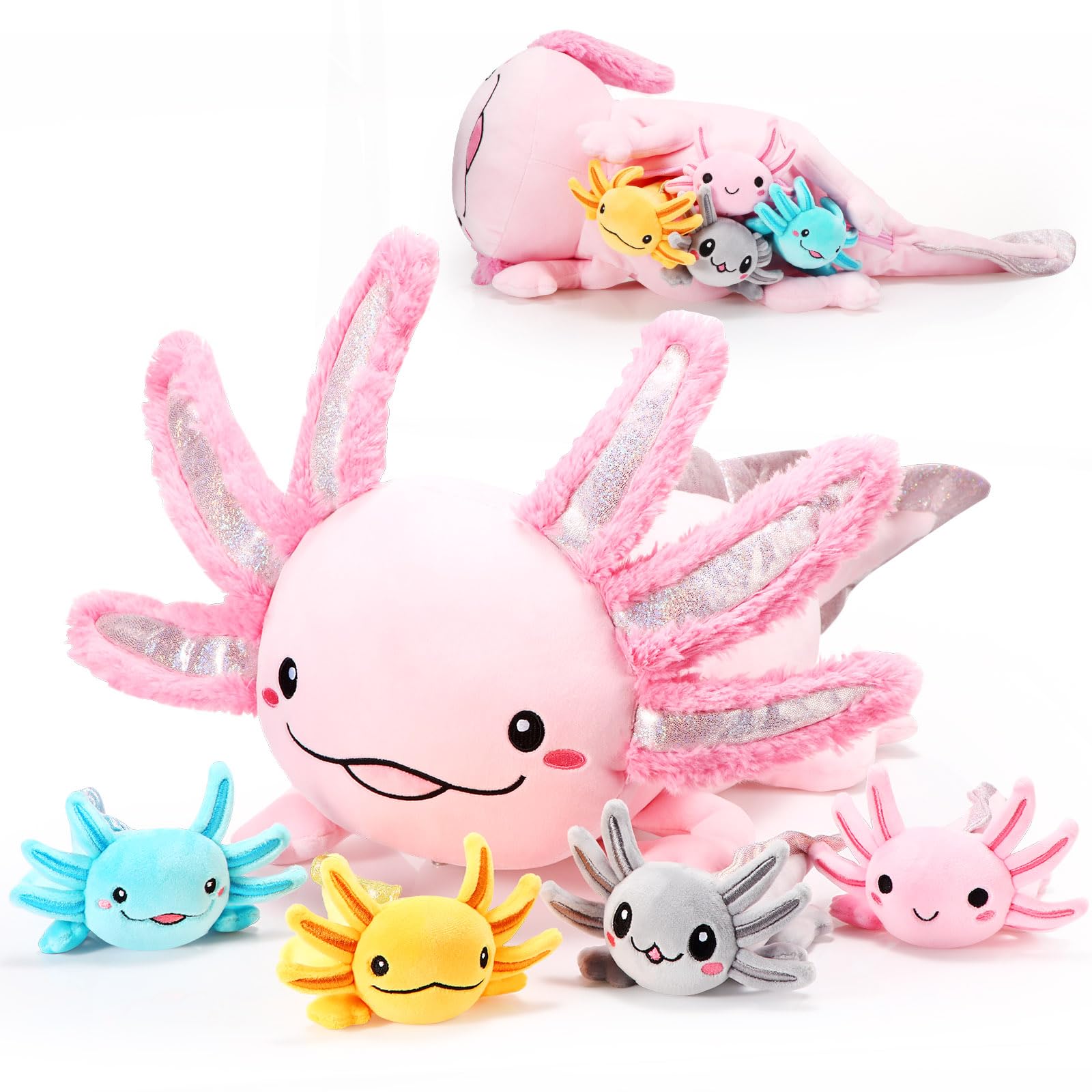 Aoriher 24-inch mom axolotl plush with babies, cozy cuddle companion for kids and adults.