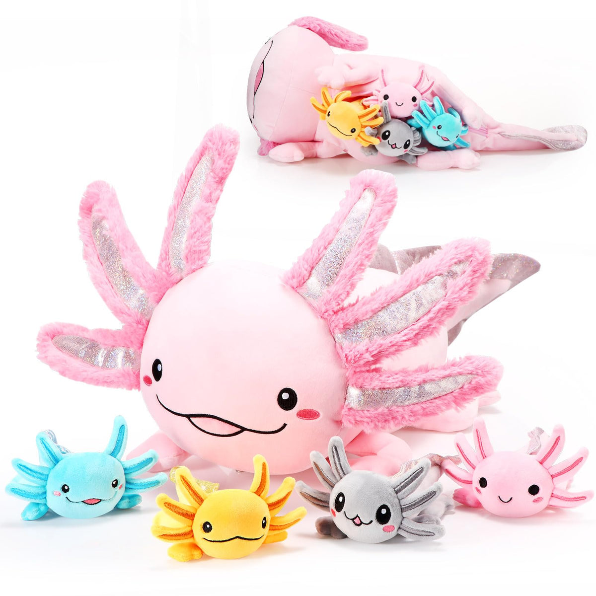 Aoriher 24-inch mom axolotl plush with babies, cozy cuddle companion for kids and adults.
