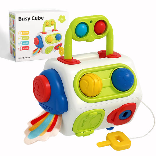 AotBlcer Busy Cube panel interaction demonstrates tactile learning for toddlers.