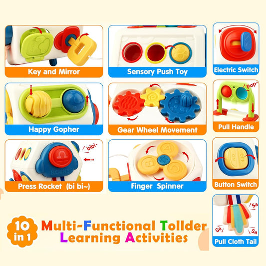 AotBlcer Busy Cube pushing bubbles promotes hand-eye coordination during play.