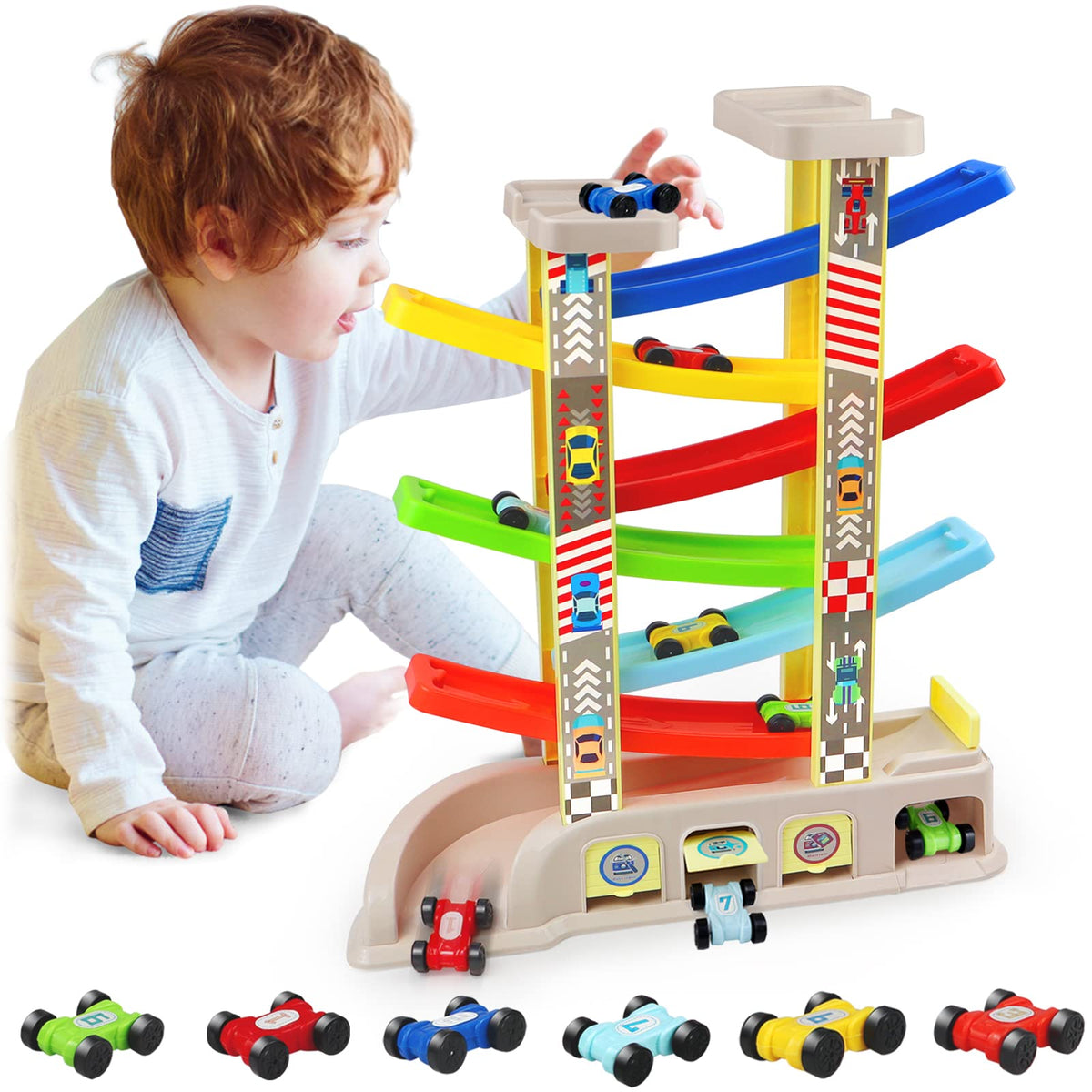 Aotipol Montessori car ramp toy with two parking lots for cooperative play.
