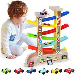 Aotipol Montessori car ramp toy with two parking lots for cooperative play.
