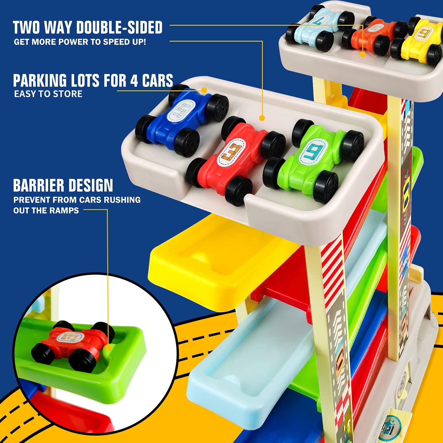 Aotipol rainbow-track car ramp with six colorful cars for visual tracking.