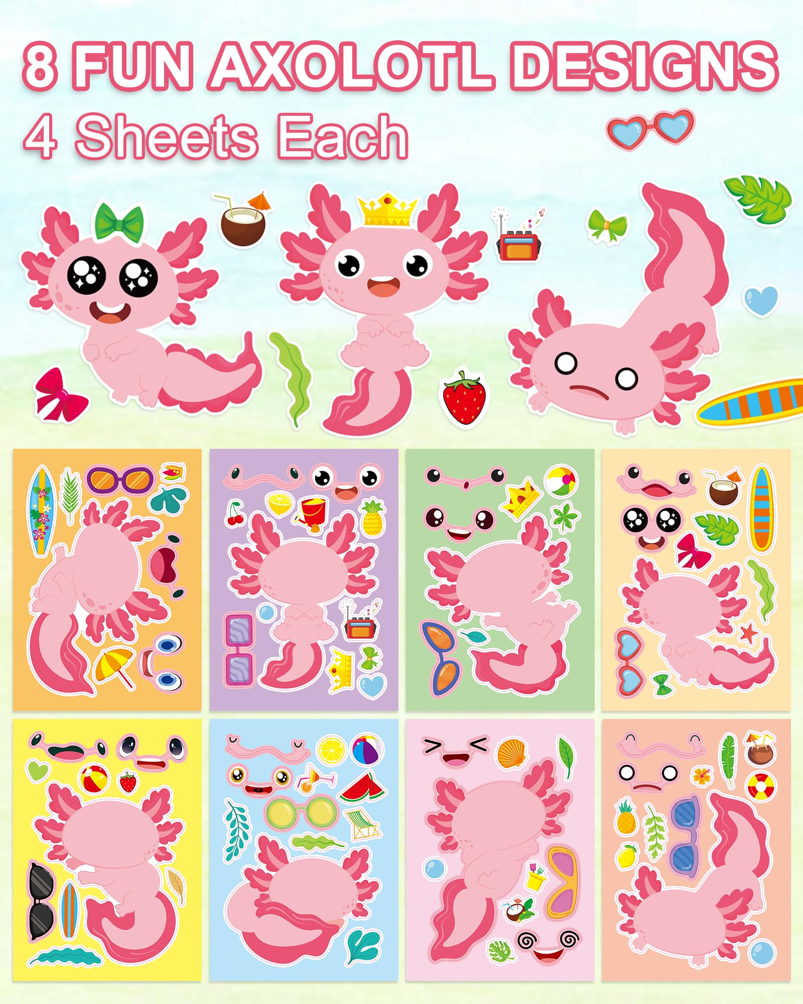 Aowplc Axolotl Make-a-Face sticker designs spread for classroom activities and crafts