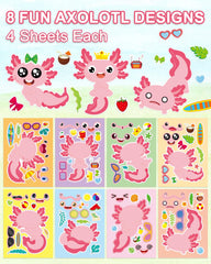 Aowplc Axolotl Make-a-Face sticker designs spread for classroom activities and crafts