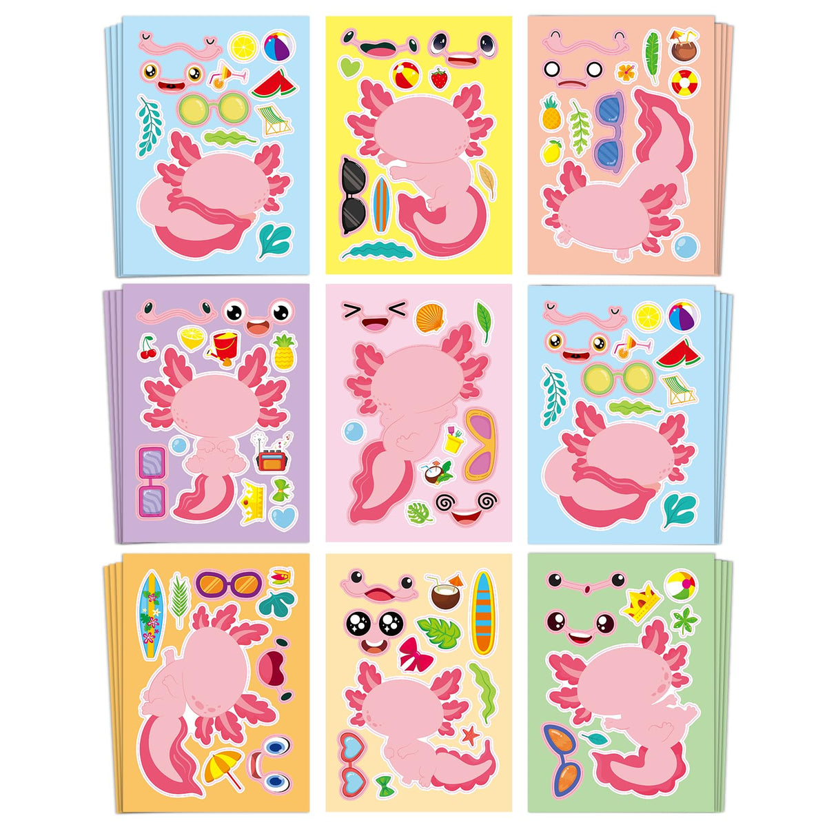 Aowplc Axolotl Make-a-Face sticker sheet front with eight designs for quick party favors