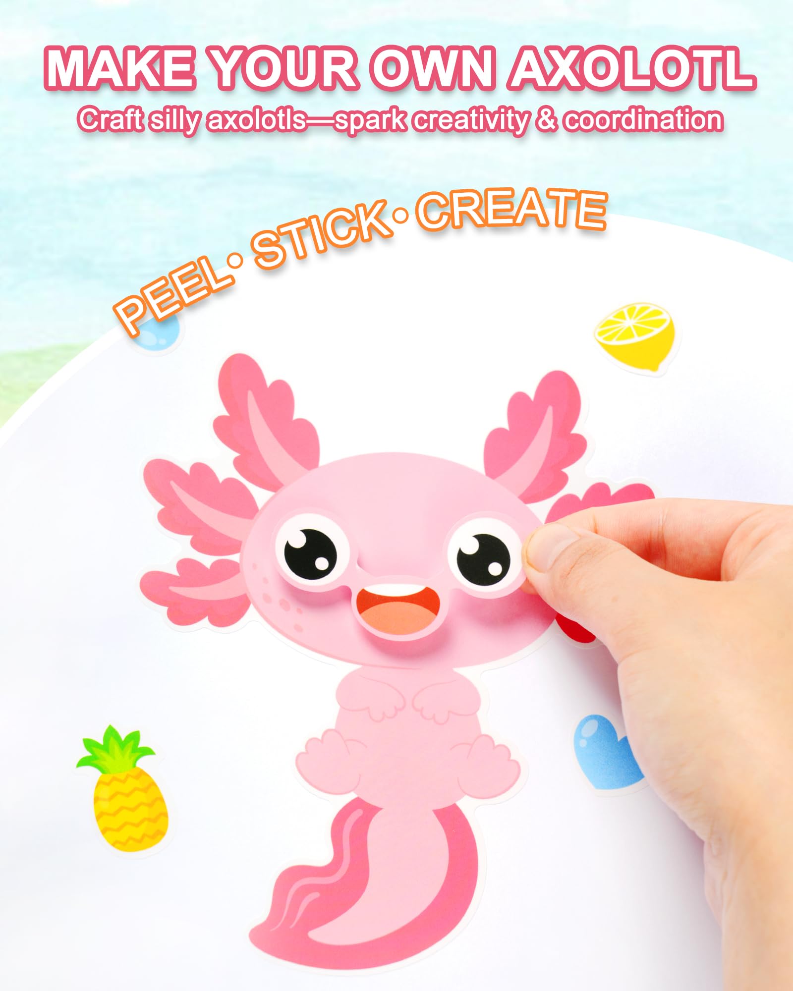 Aowplc Axolotl Make-a-Face sheets laid out for travel-friendly on-the-go fun