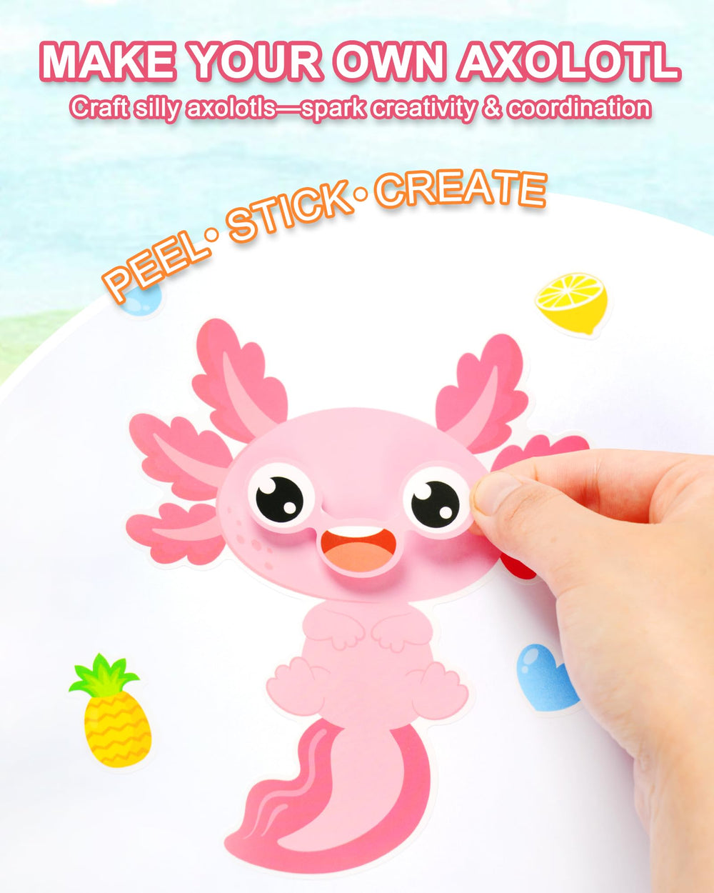 Aowplc Axolotl Make-a-Face sheets laid out for travel-friendly on-the-go fun