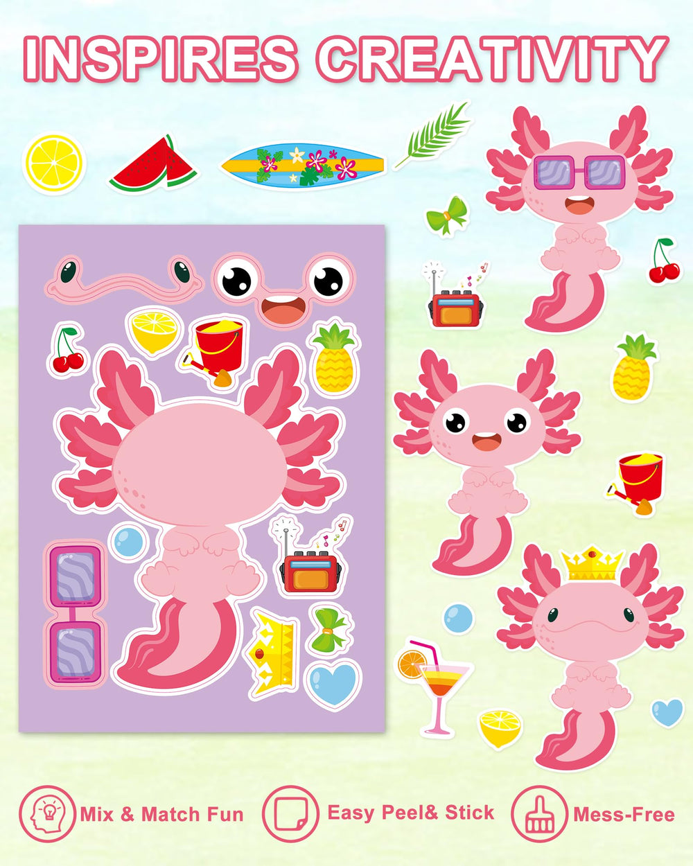 Aowplc Axolotl Make-a-Face stickers peel and stick cleanly on gifts
