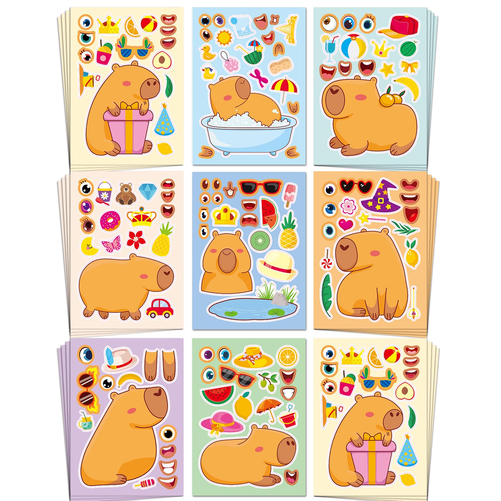Aowplc Capybara Make-a-Face sheet close-up of eyes and mouths for mess-free party crafts.