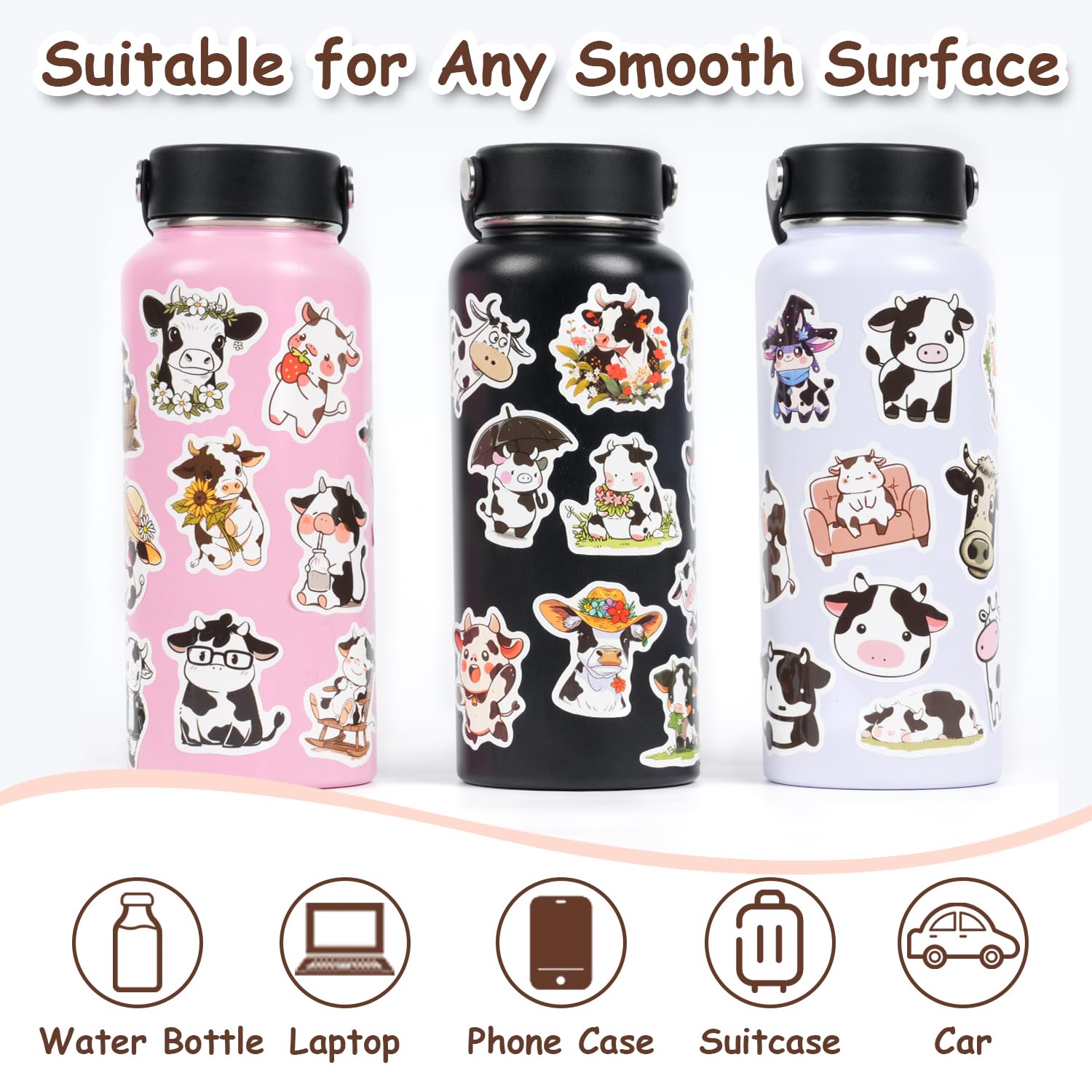 Aowplc cow stickers waterproof-uv-safe for bottles and outdoor use.