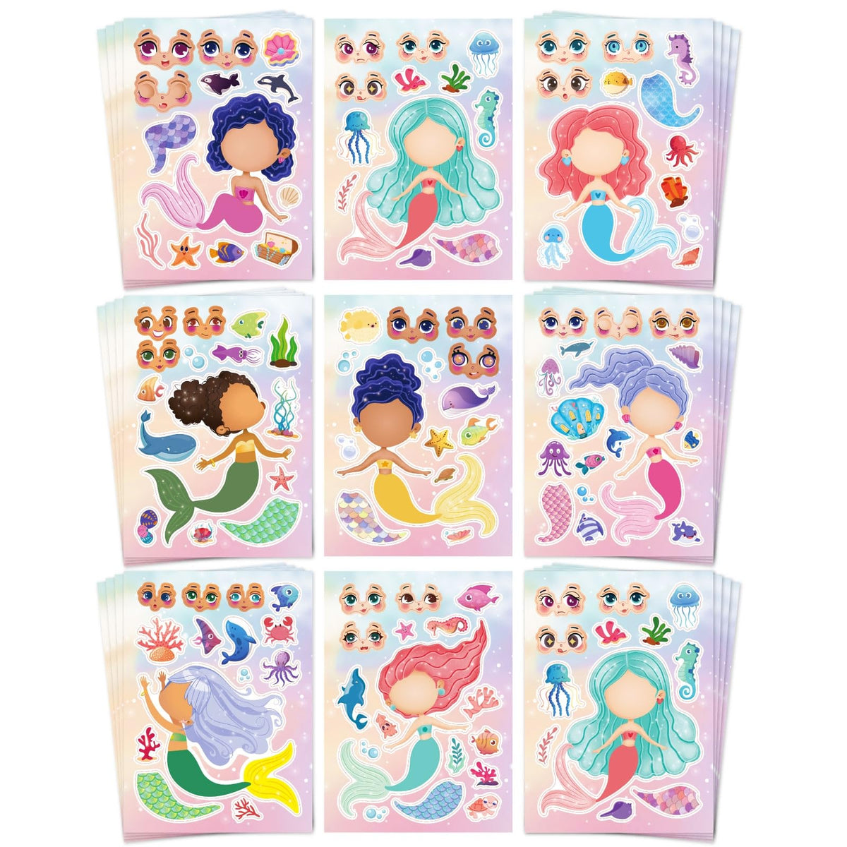 Aowplc Mermaid Make-A-Face sheet 1 features playful designs for creative kids' crafts and party favors.