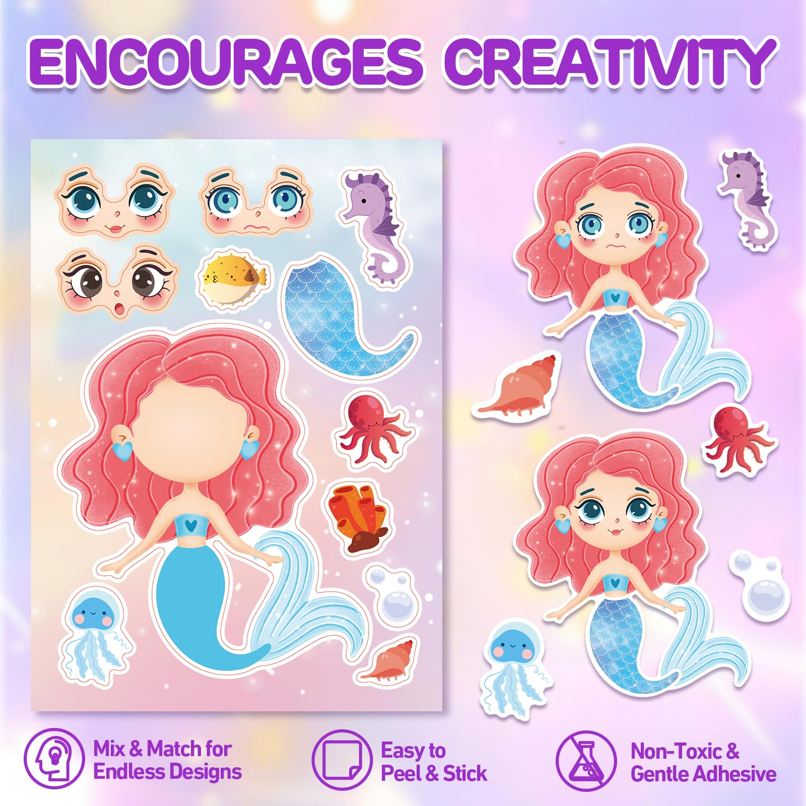 Aowplc Mermaid Make-A-Face sheet 3 encourages fine motor play with mermaid accessories.