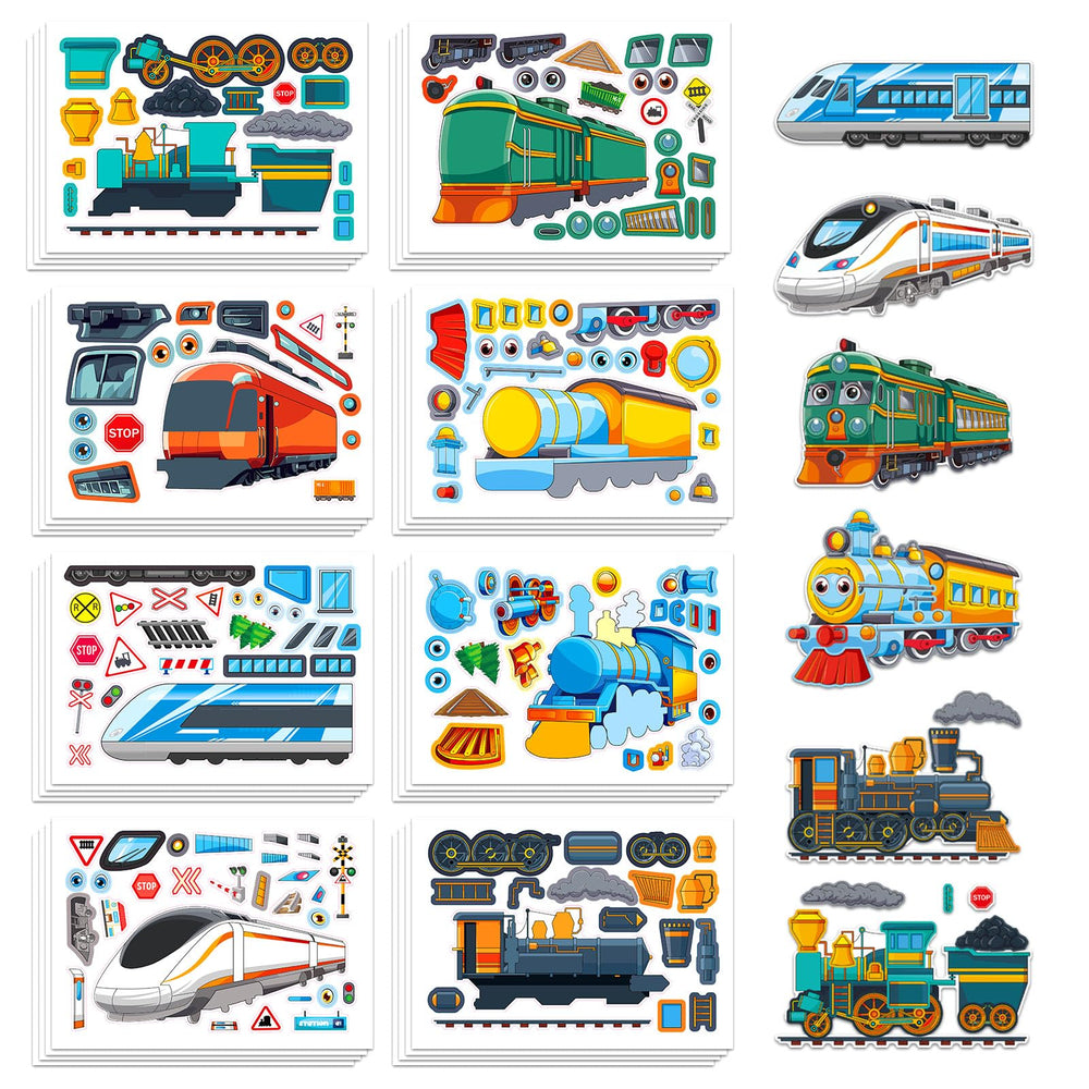Aowplc Train Stickers 32 sheets layout, ideal for school crafts and party favors.