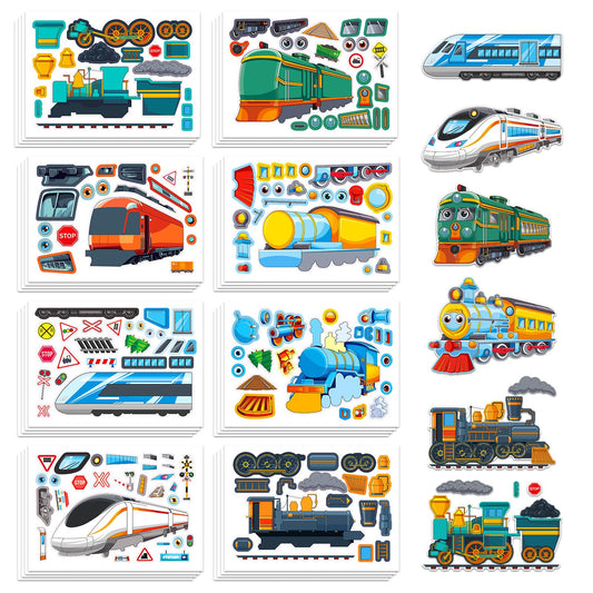 Aowplc Train Stickers 32 sheets layout, ideal for school crafts and party favors.