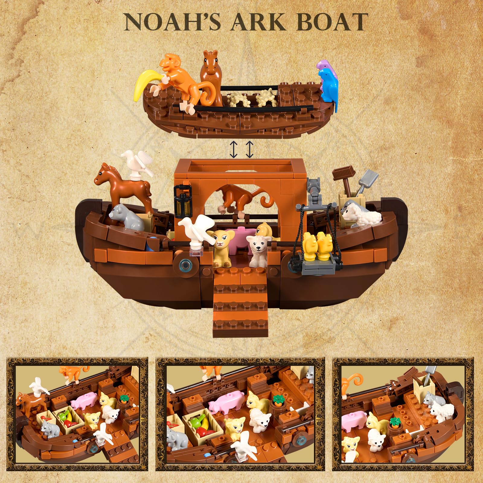 AOXEKBOLO Noah's Ark 488-piece set assembly visuals illustrating easy building.
