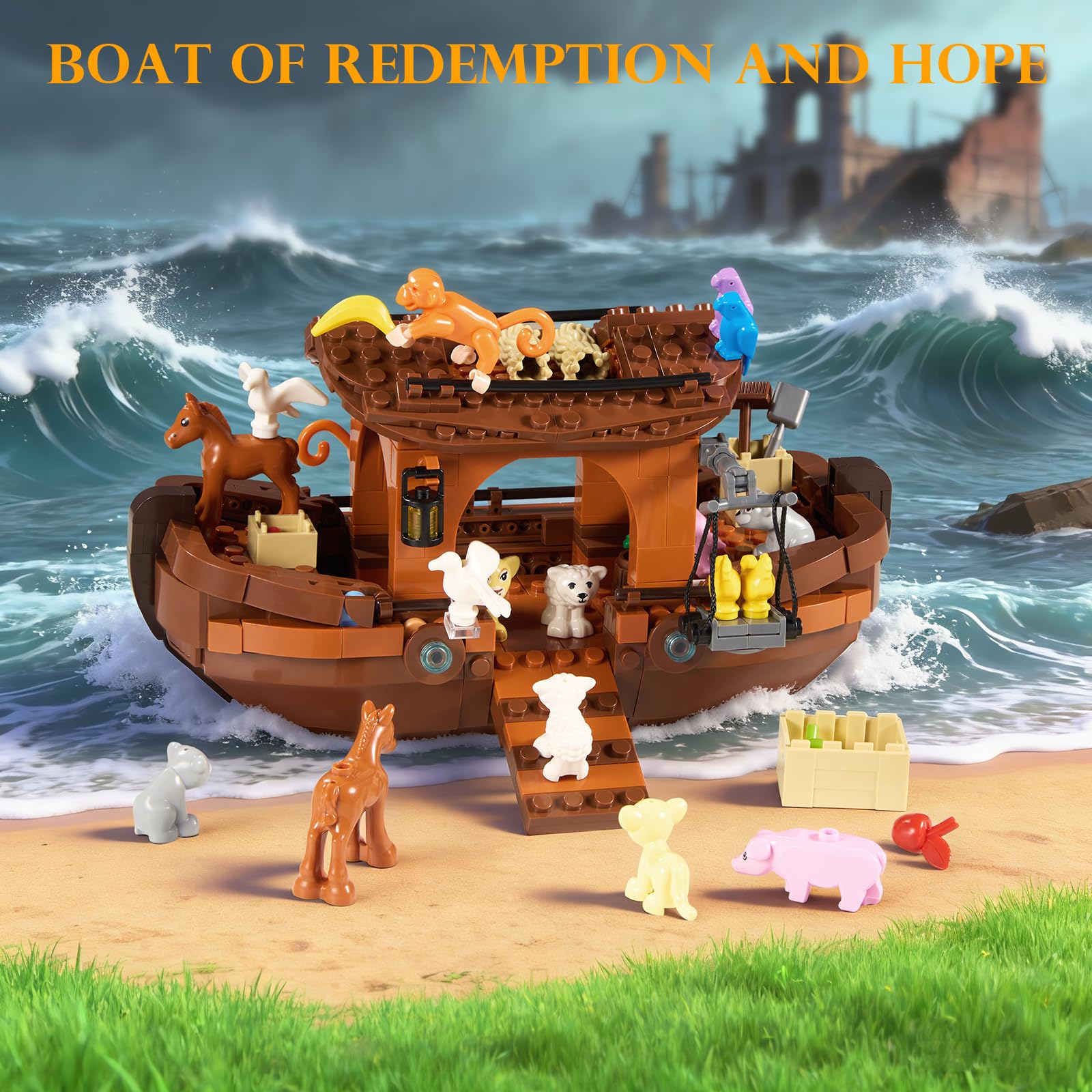 AOXEKBOLO Noah's Ark boat blocks highlight upper cabins and deck for imaginative play.
