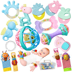 AOYOHOMOA 15-piece rattles set with diverse visuals for early sensory exploration.