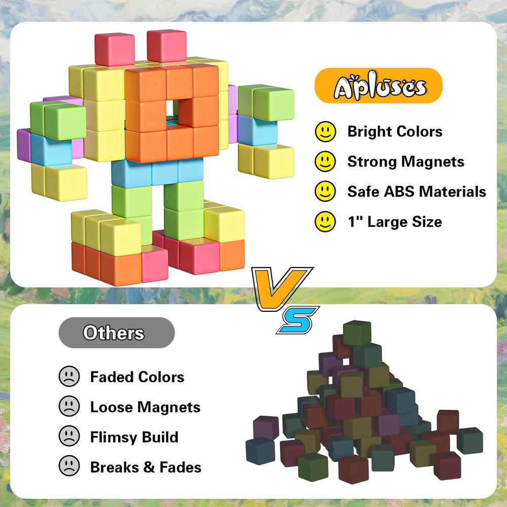 Apluses colorful magnetic cubes support color recognition and spatial play.