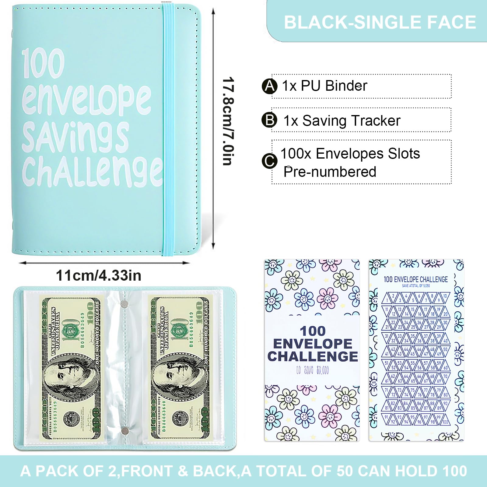 APMFHO money savings binder inside view shows 100 transparent envelopes for neat cash storage.