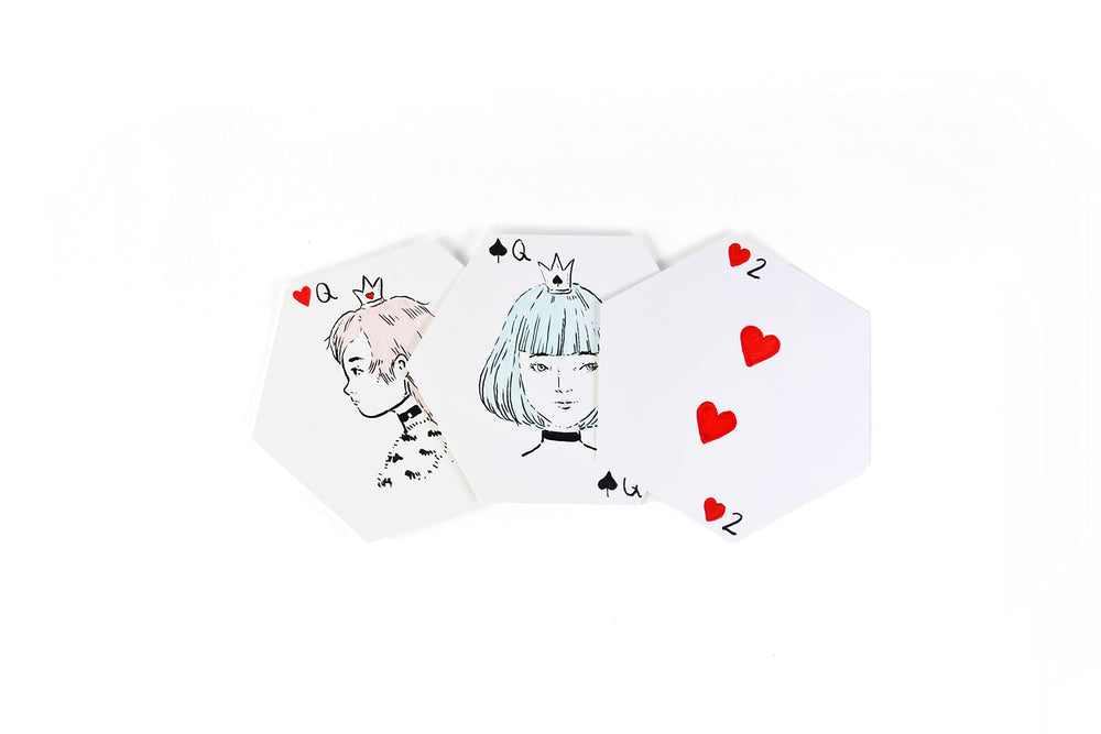 Apostrophe Games blank hexagon card layout showing size reference for design.