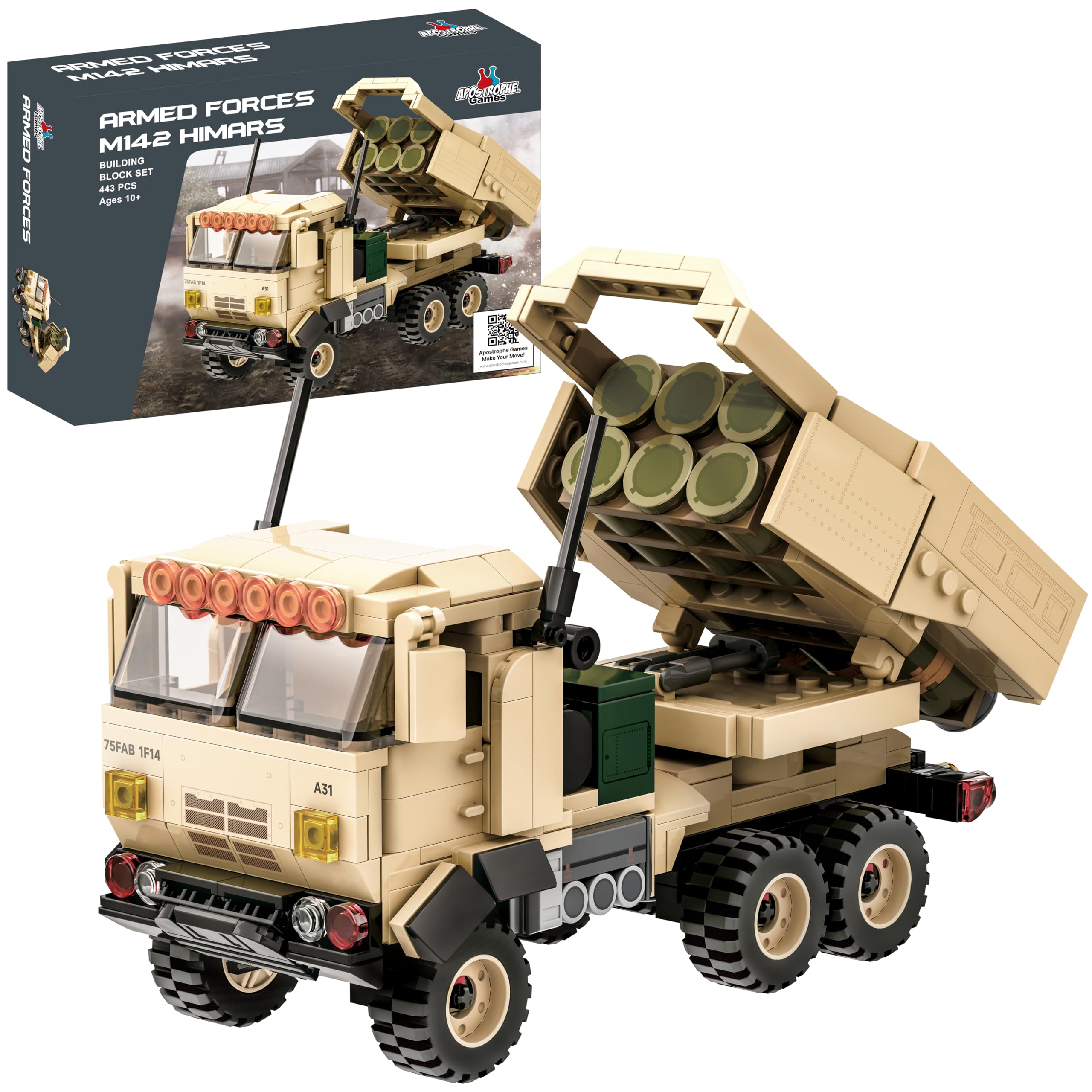 Apostrophe Games M142 HIMARS building block set with a detailed rocket launcher for imaginative play