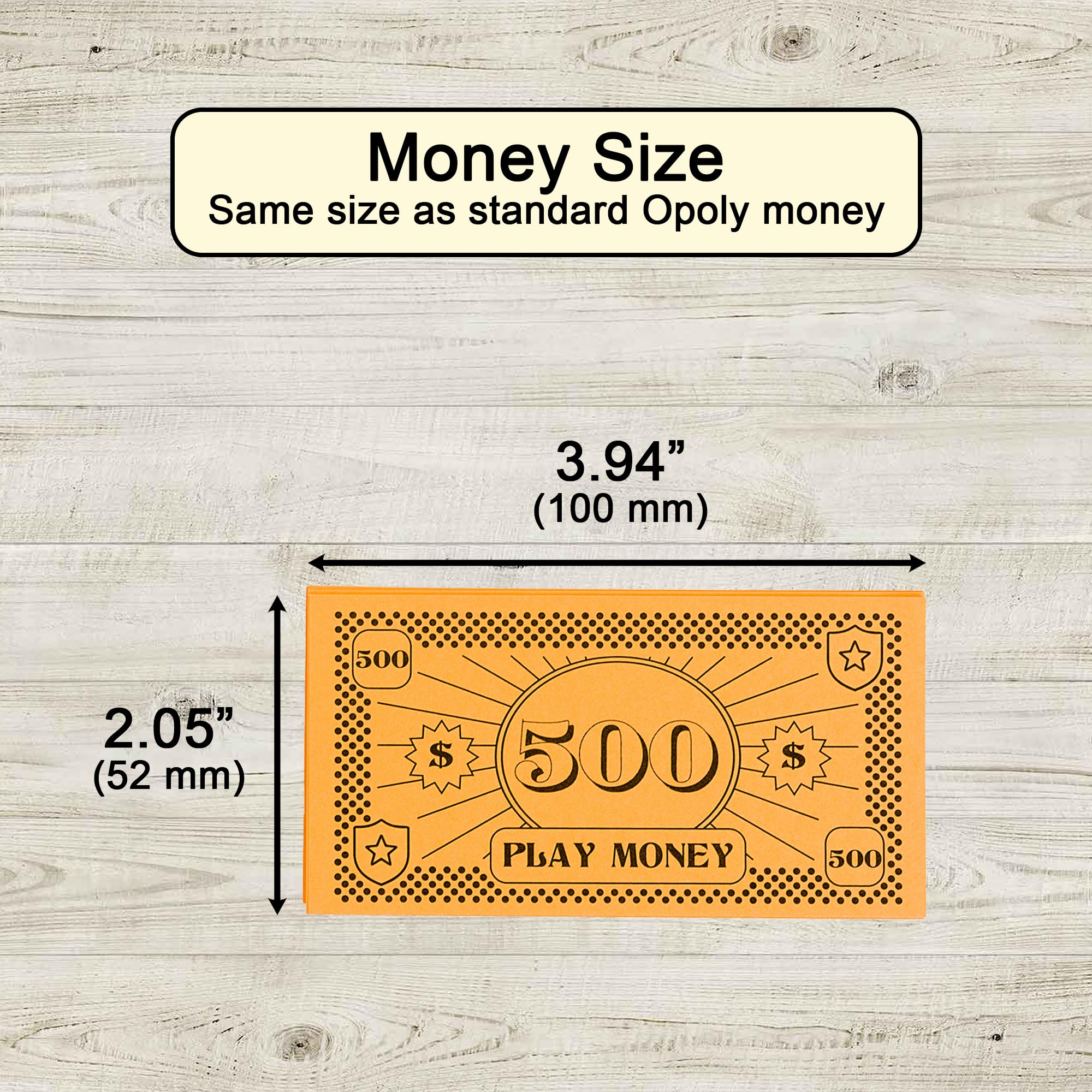 Apostrophe Games Opoly money bills measure about 4 by 2 inches for authentic feel.