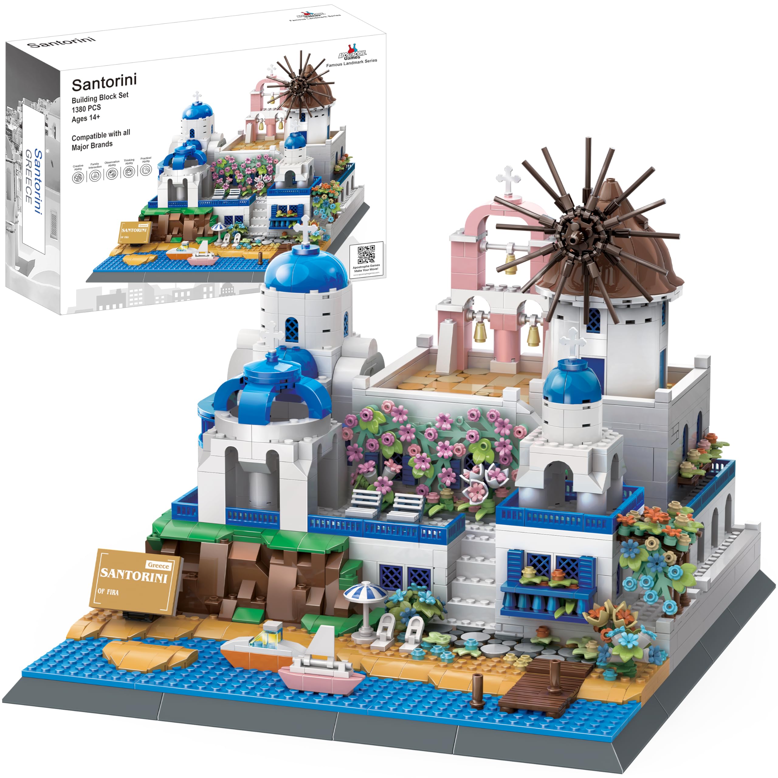 Apostrophe Games Santorini closeup reveals precise bricks for immersive building