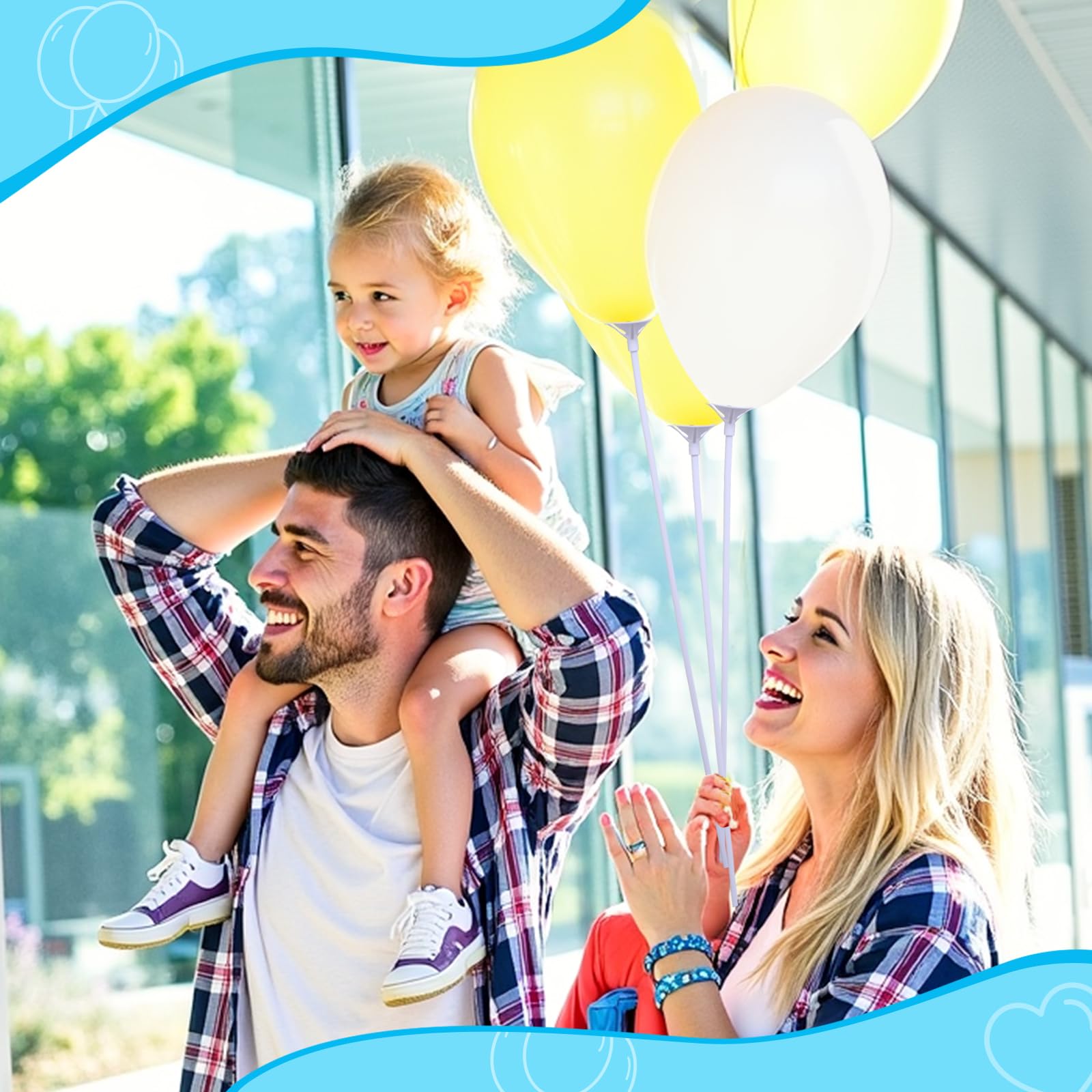Apoulin balloon sticks with cups maintain a tall, neat balloon arrangement for photos.