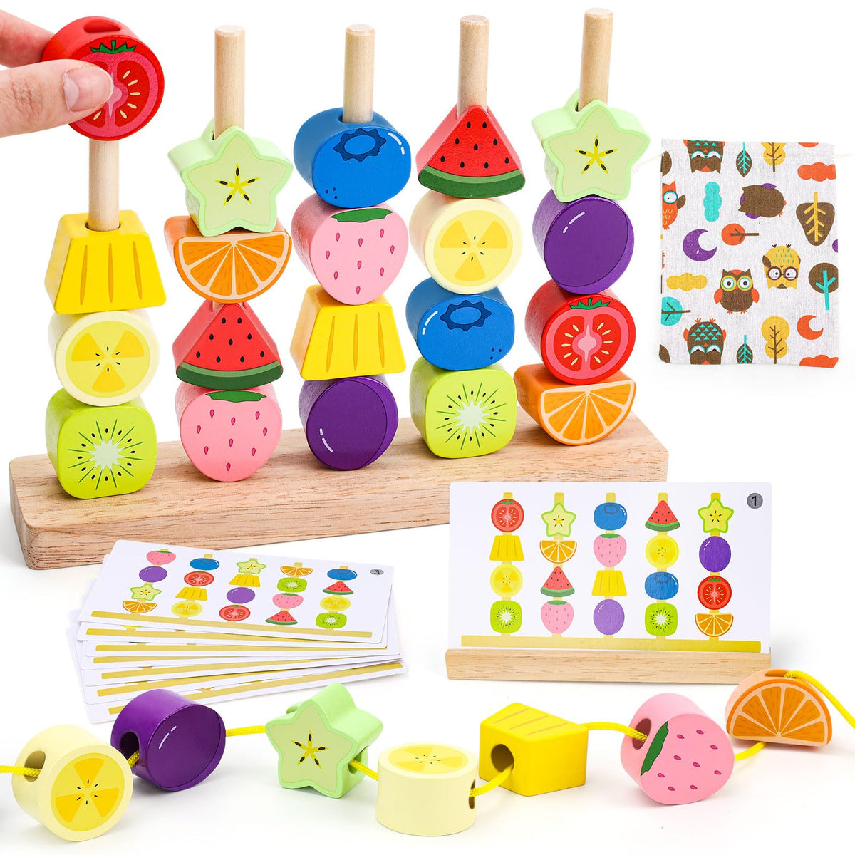Appoft Montessori Wooden Beads Mastery Kit with colorful beads for stacking and threading—on-the-go fine motor practice.