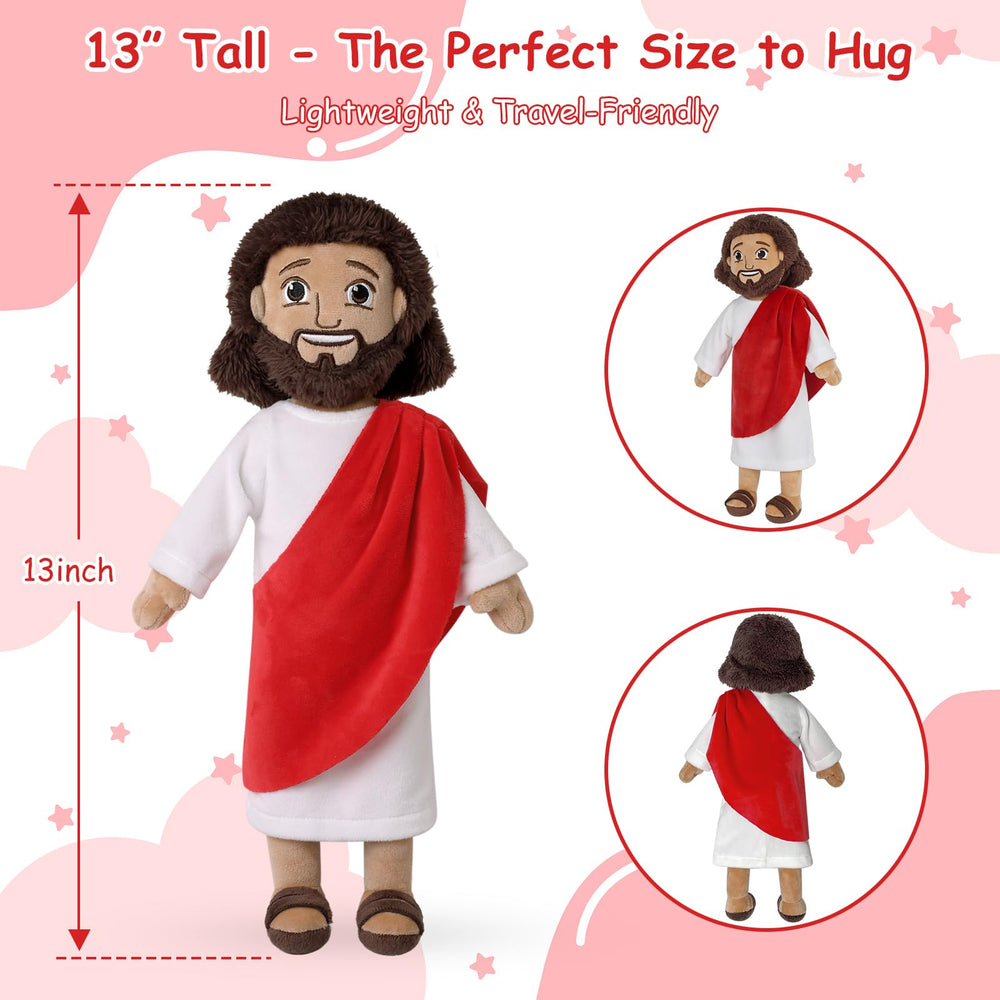 Apragaz Jesus plush doll side view, portable comfort for travel and church.