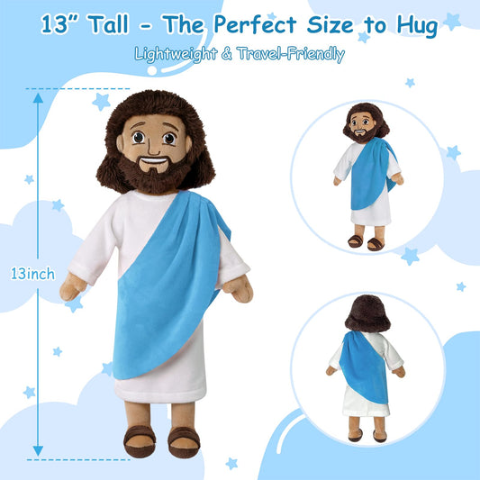 Apragaz Jesus plush with white robe and blue sash, perfect for Bible moments.