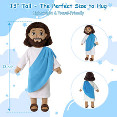 Apragaz Jesus plush with white robe and blue sash, perfect for Bible moments.