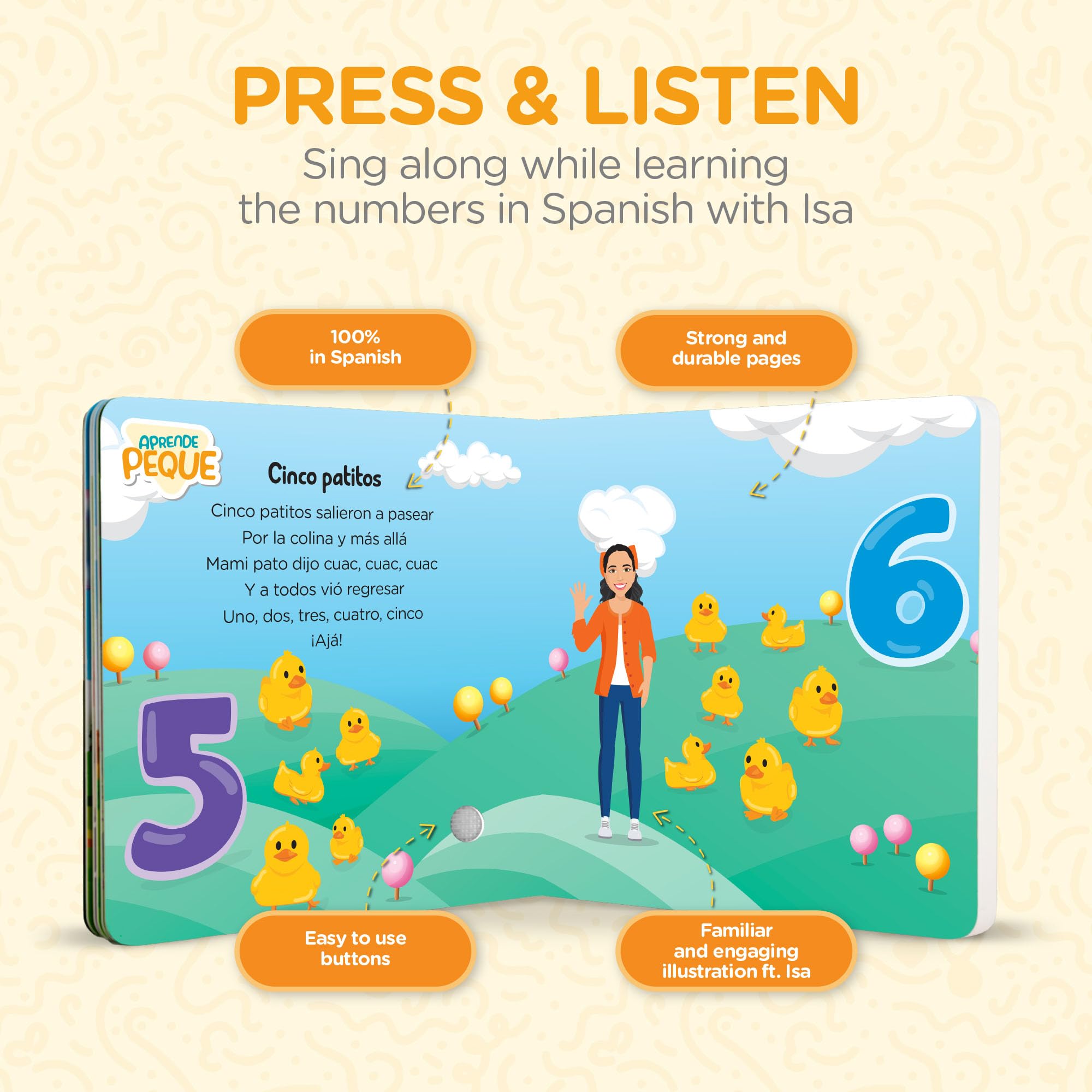 Aprende Peque bright artwork and familiar characters spark imagination and attention