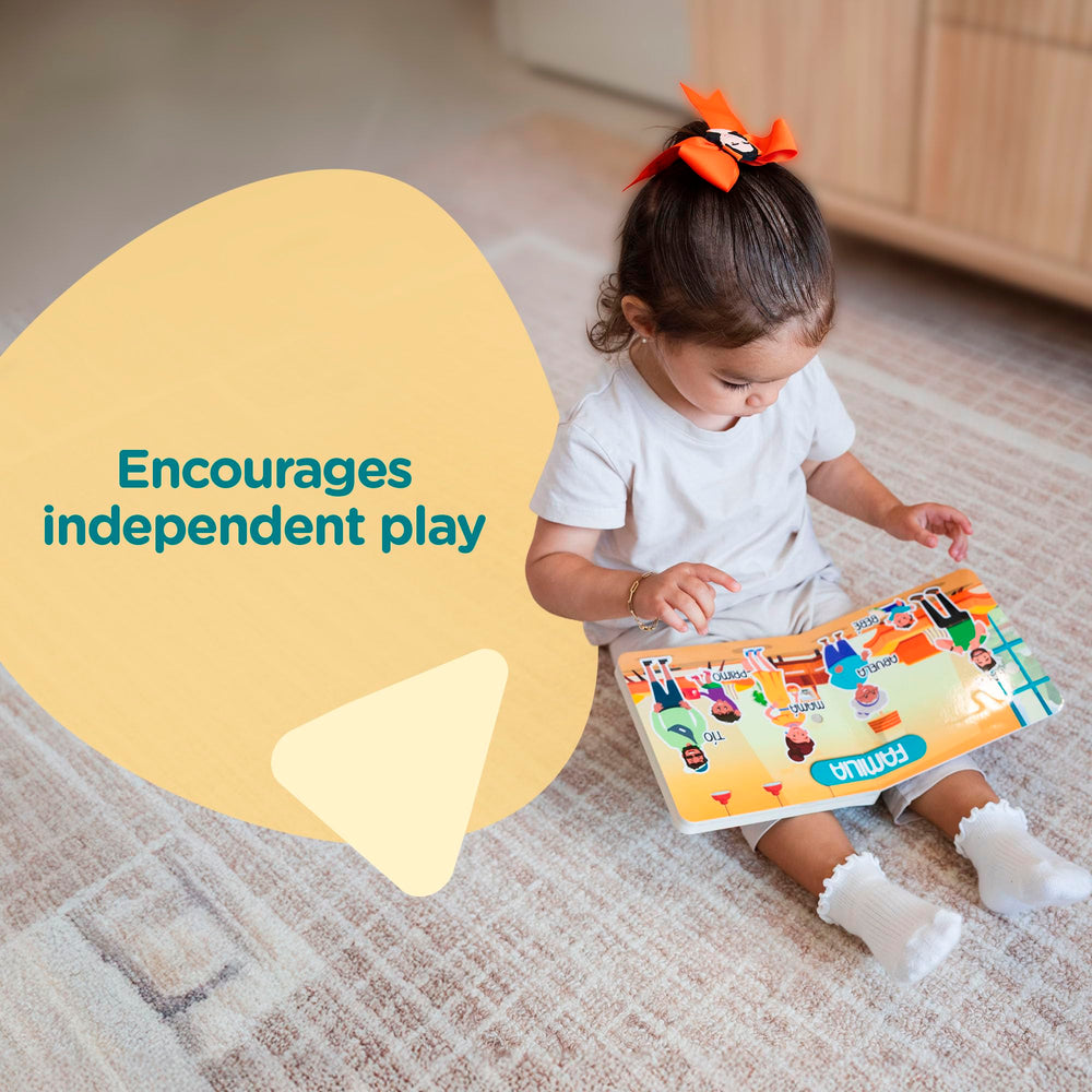Play button prompts toddlers to press and hear 12-20 seconds of music.