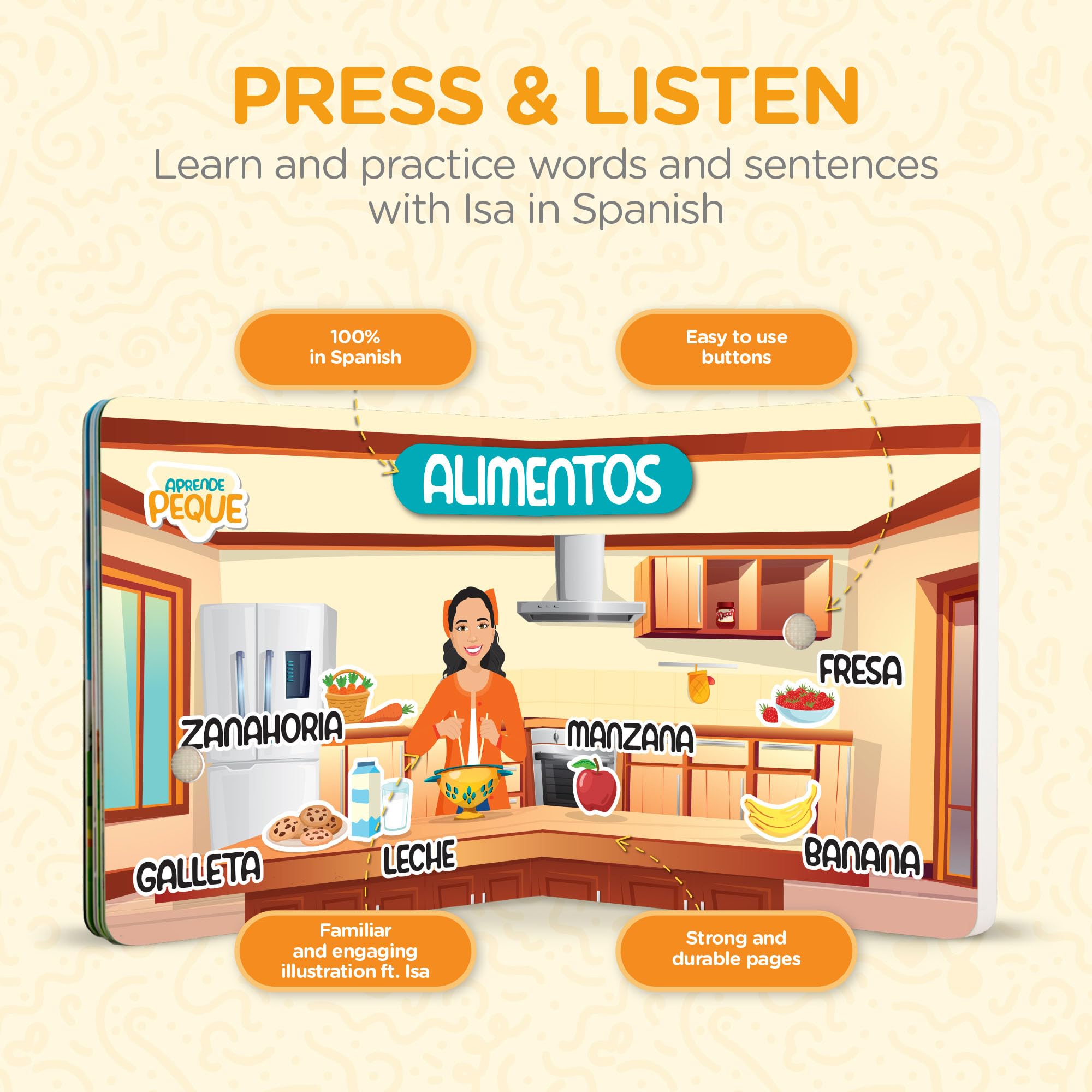 Aprende Peque Isa durable board book with rounded corners withstands curious toddlers.