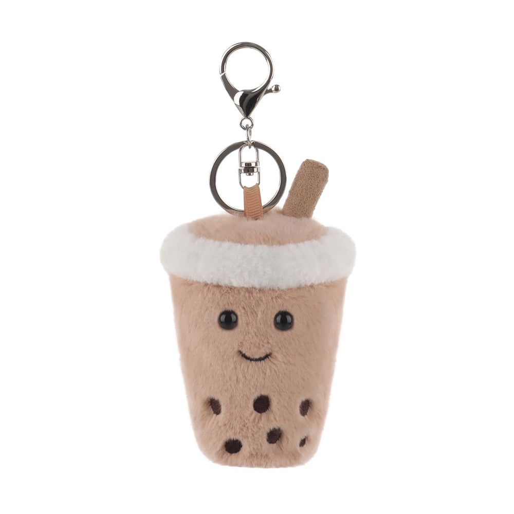 Apricot Lamb Boba Tea keychain front view on backpack, keeps keys safe and stylish.